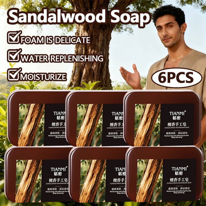 6PCS Men’s Sandalwood Handmade Soap for Face, Hair & Body Care