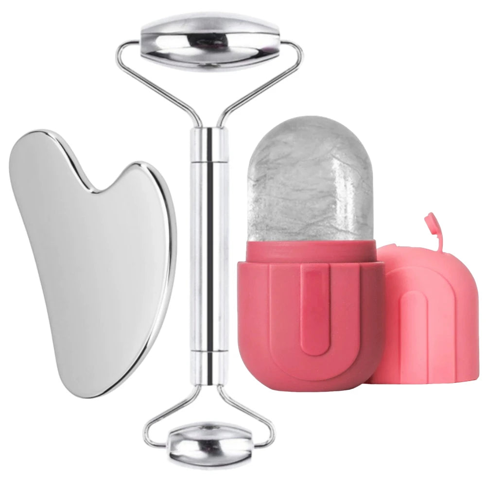 Stainless Steel Face Ice Roller & Gua Sha Massage Tool Set