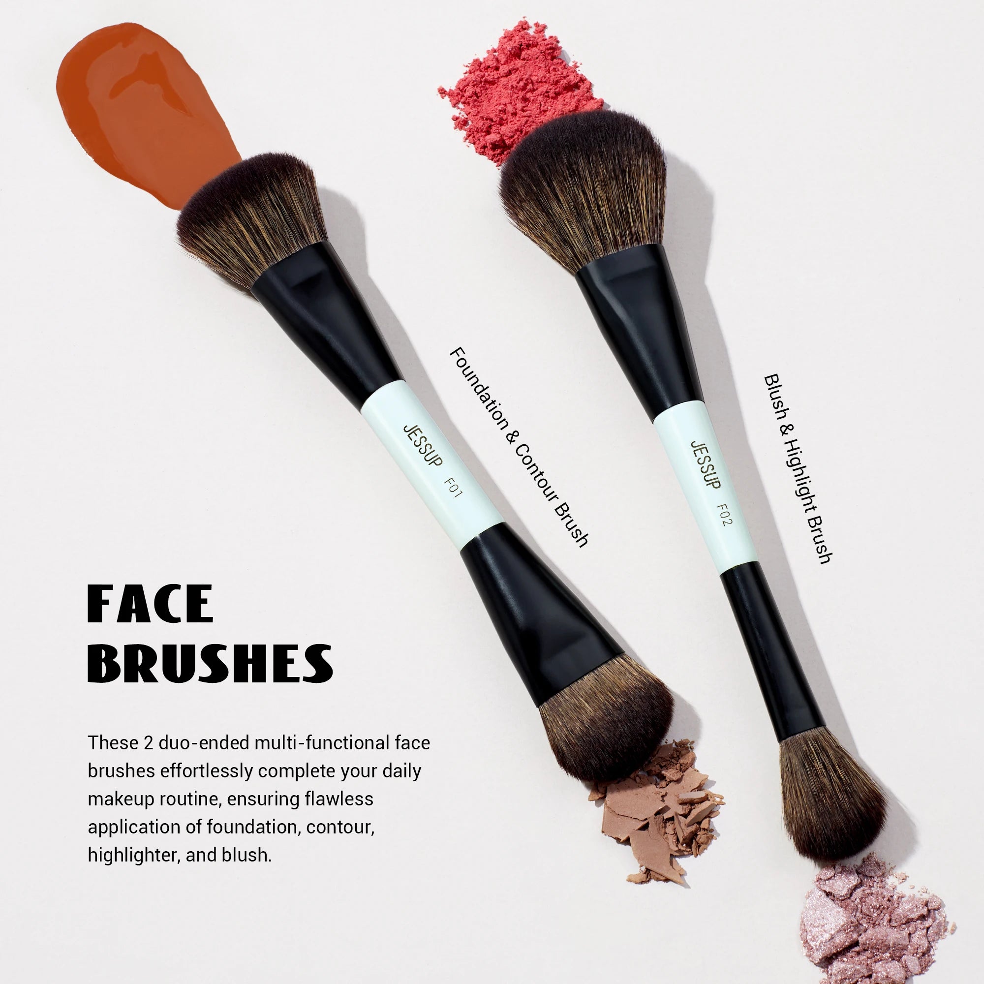 Jessup Double-Sided Makeup Brush Set for Foundation & Blending