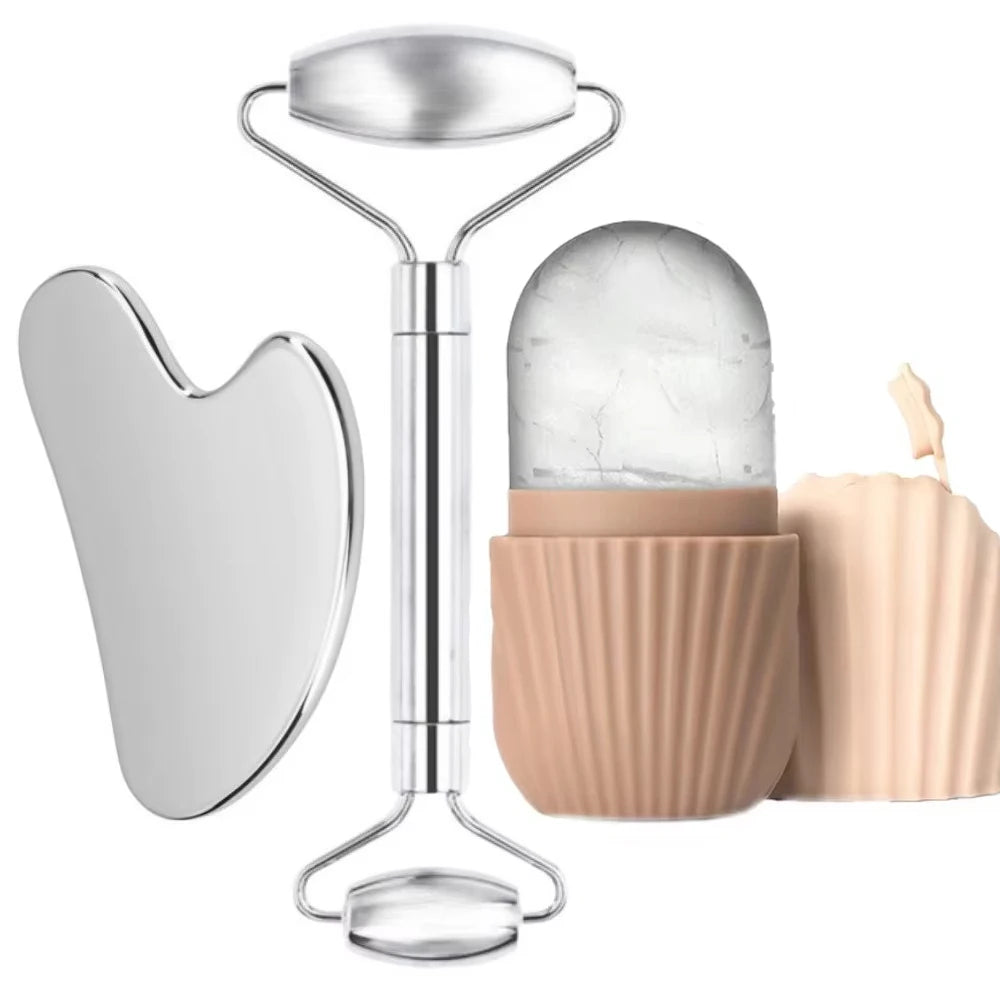 Stainless Steel Face Ice Roller & Gua Sha Massage Tool Set