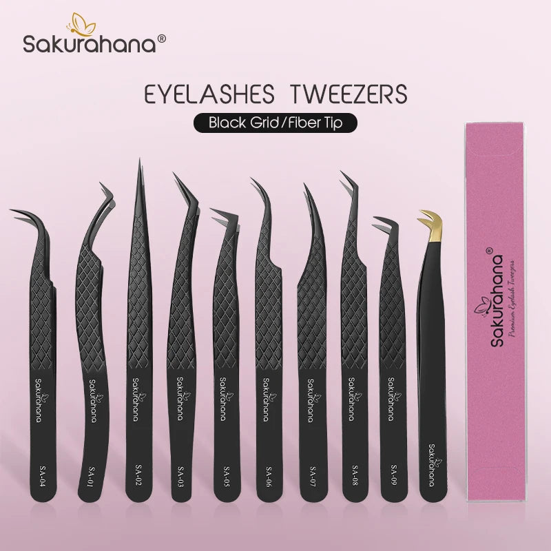 Professional Black Fiber Tip Eyelash Tweezers