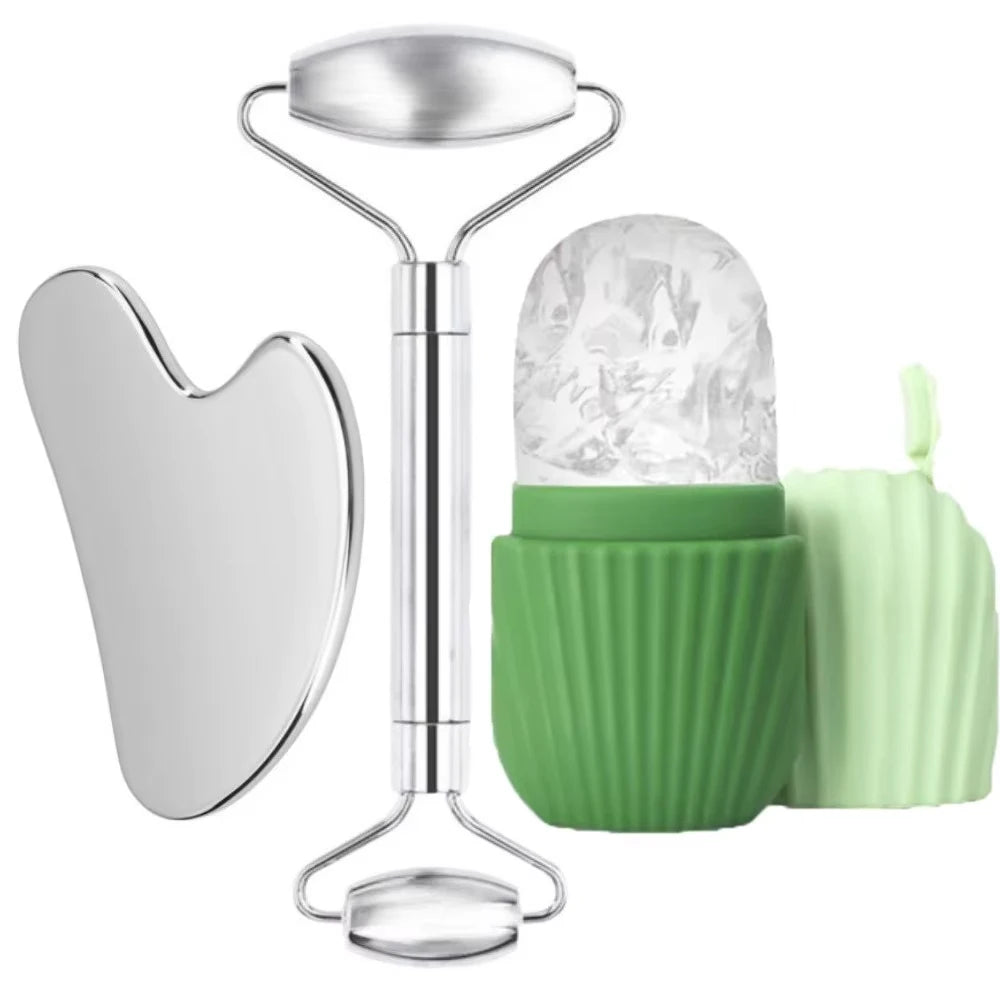 Stainless Steel Face Ice Roller & Gua Sha Massage Tool Set
