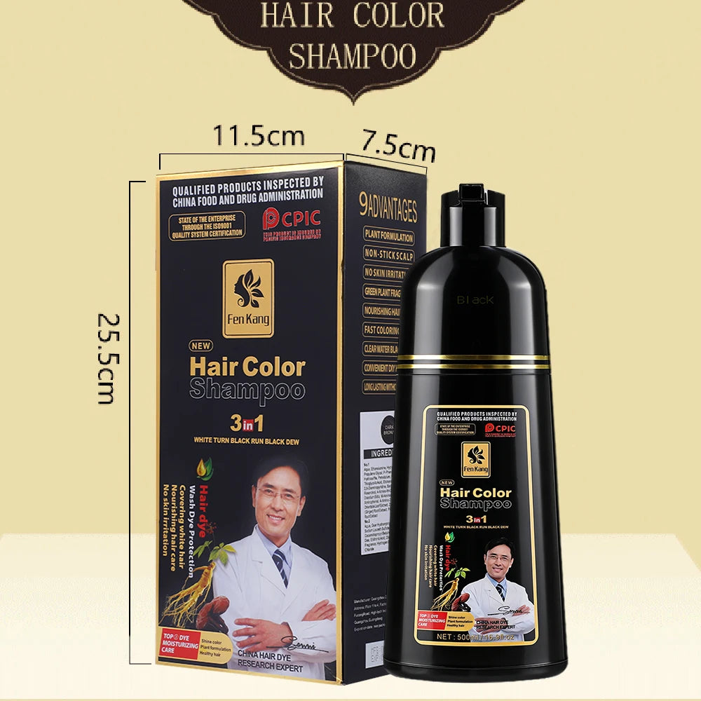 3-in-1 Herbal Black Hair Dye Shampoo for Gray Hair Coverage
