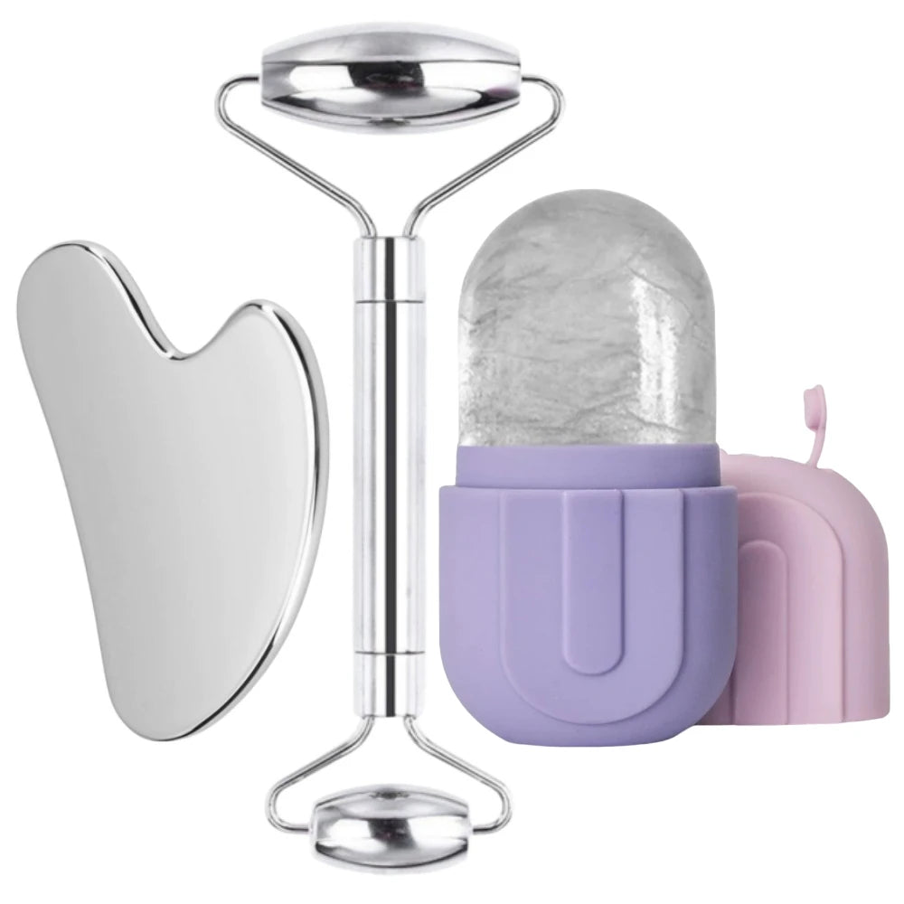 Stainless Steel Face Ice Roller & Gua Sha Massage Tool Set