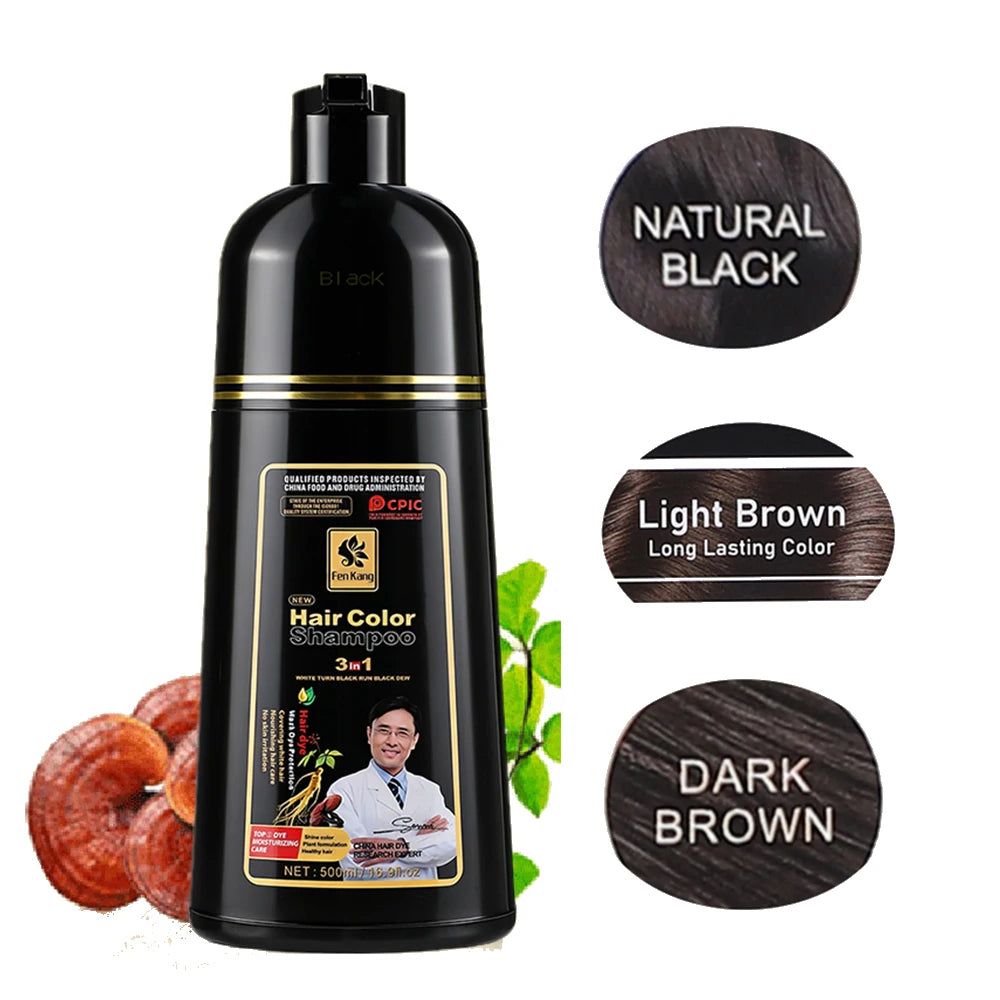 3-in-1 Herbal Black Hair Dye Shampoo for Gray Hair Coverage