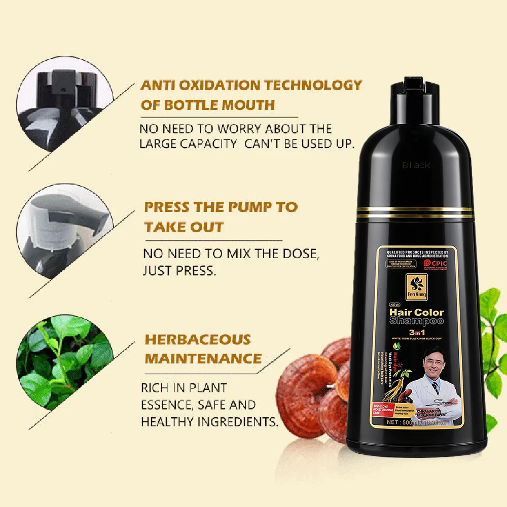 3-in-1 Herbal Black Hair Dye Shampoo for Gray Hair Coverage