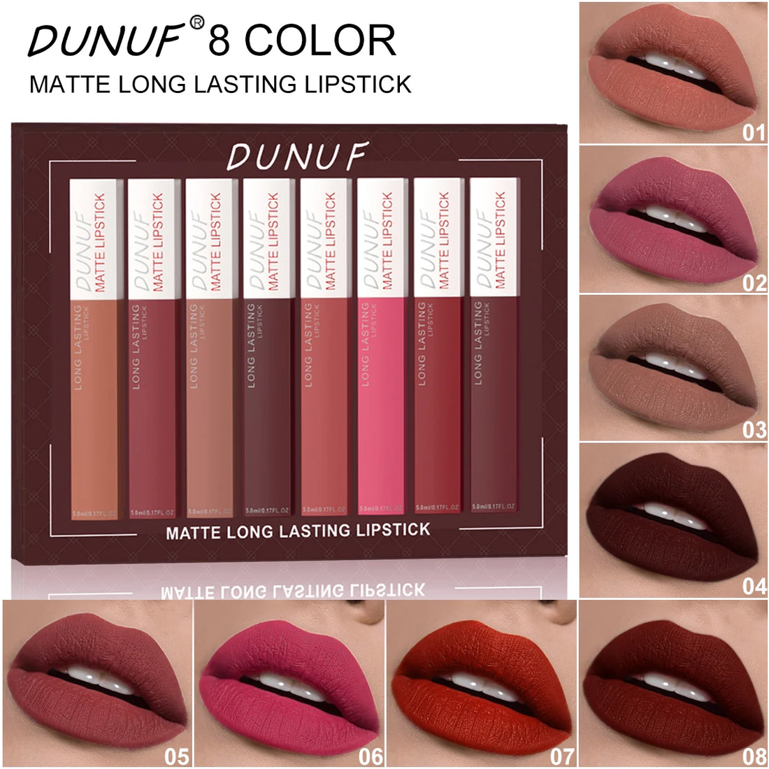 8PCS Matte Waterproof Lip Gloss & Lip Stain Set