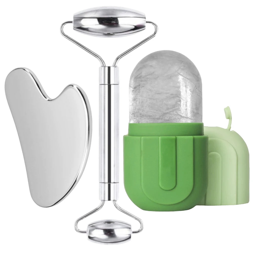 Stainless Steel Face Ice Roller & Gua Sha Massage Tool Set
