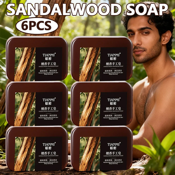 6PCS Men’s Sandalwood Handmade Soap for Face, Hair & Body Care