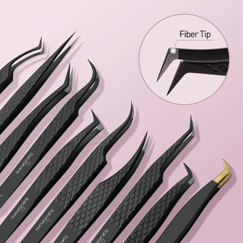 Professional Black Fiber Tip Eyelash Tweezers
