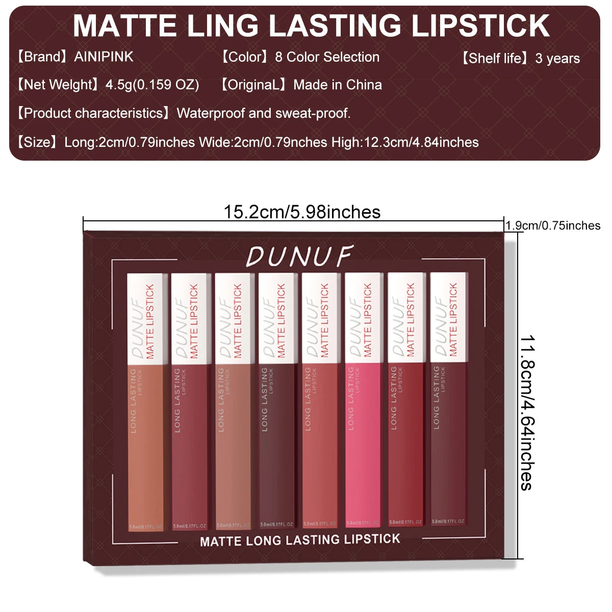 8PCS Matte Waterproof Lip Gloss & Lip Stain Set