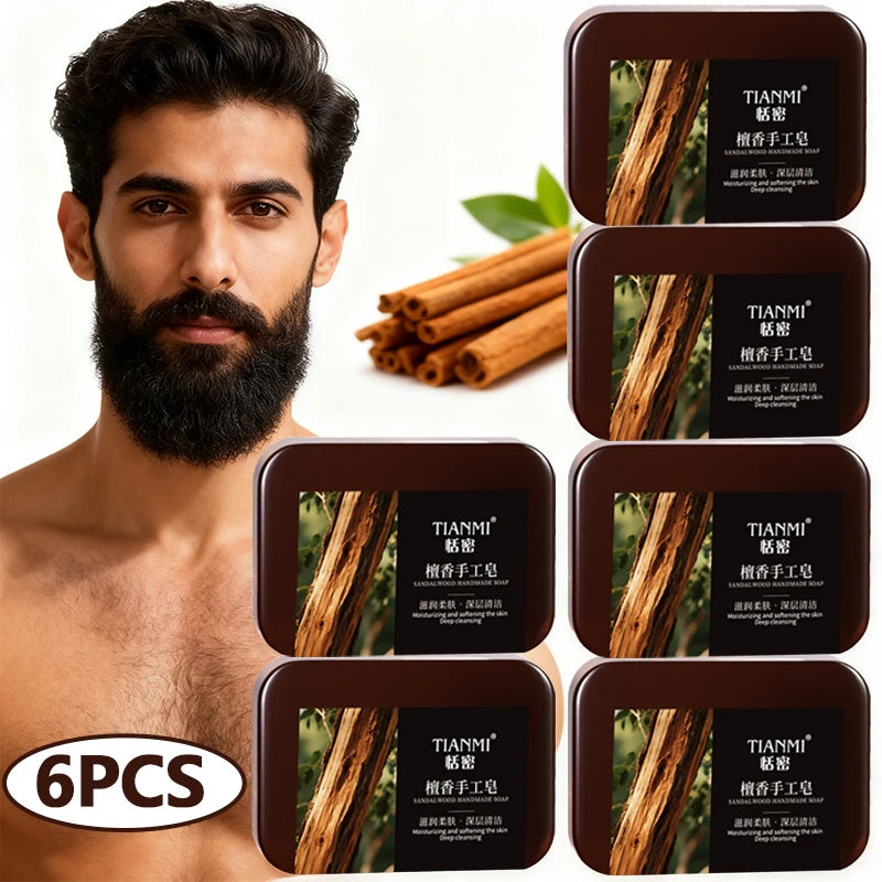 6PCS Men’s Sandalwood Handmade Soap for Face, Hair & Body Care