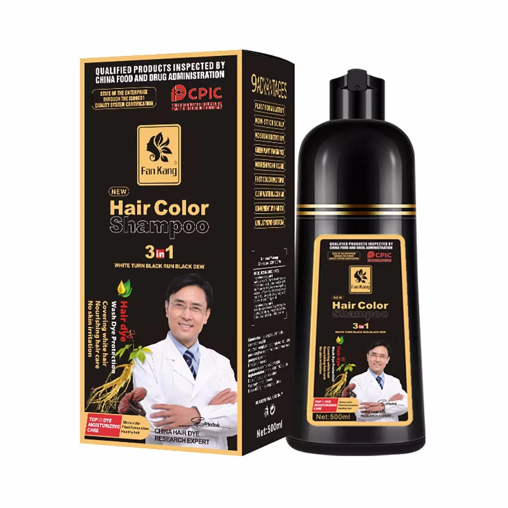 3-in-1 Herbal Black Hair Dye Shampoo for Gray Hair Coverage