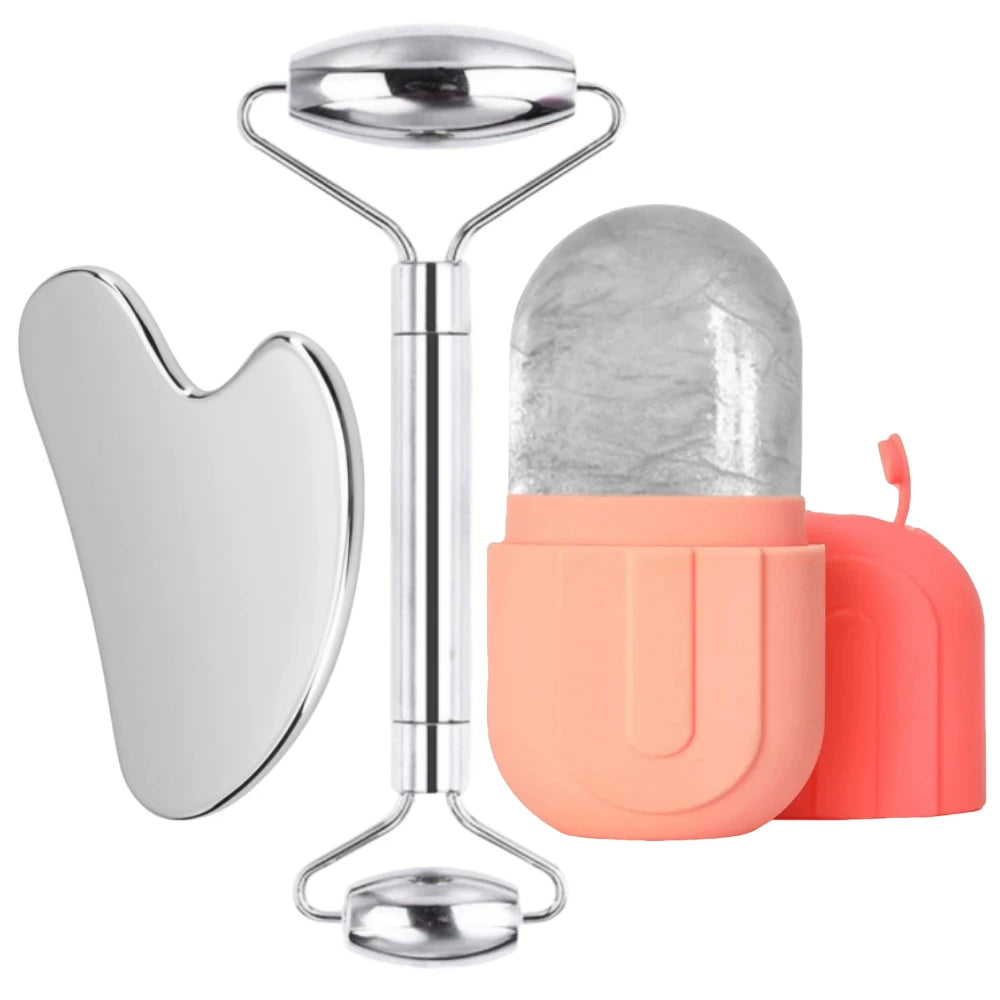 Stainless Steel Face Ice Roller & Gua Sha Massage Tool Set