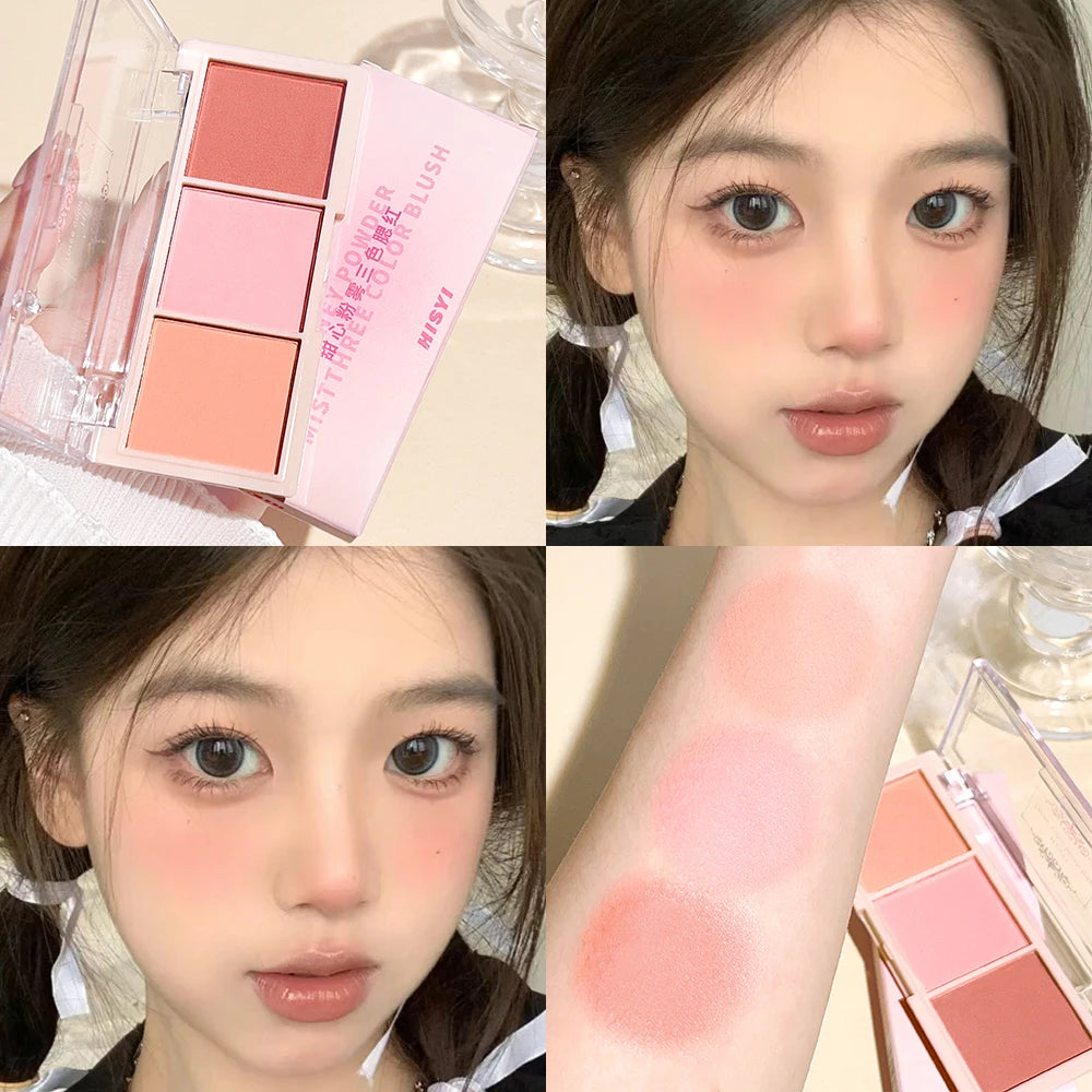 Three-Color Matte Blush Palette for Natural Rosy Glow