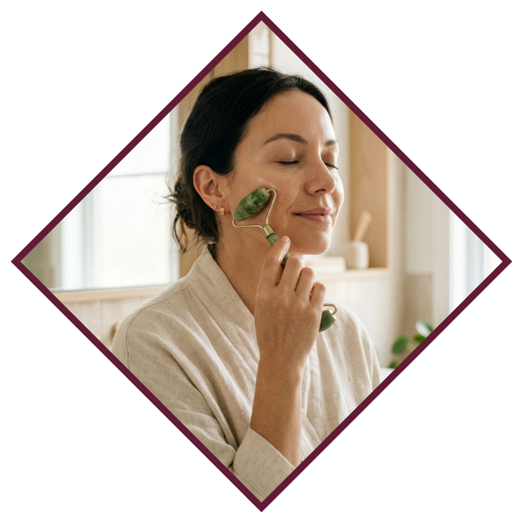 Woman using a green facial roller on her face in a bright room.