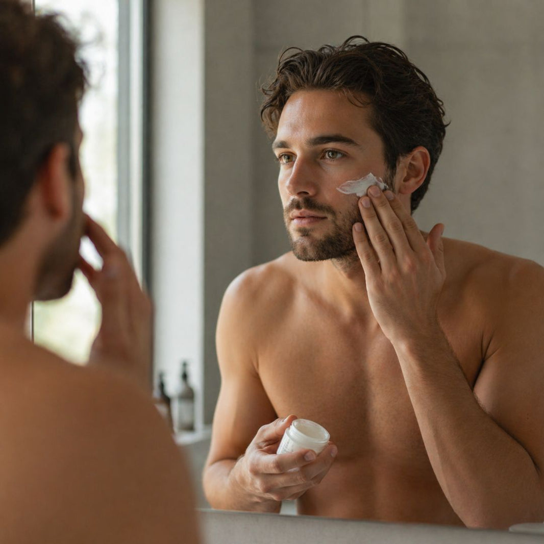Man applying cream to his face in front of a mirror