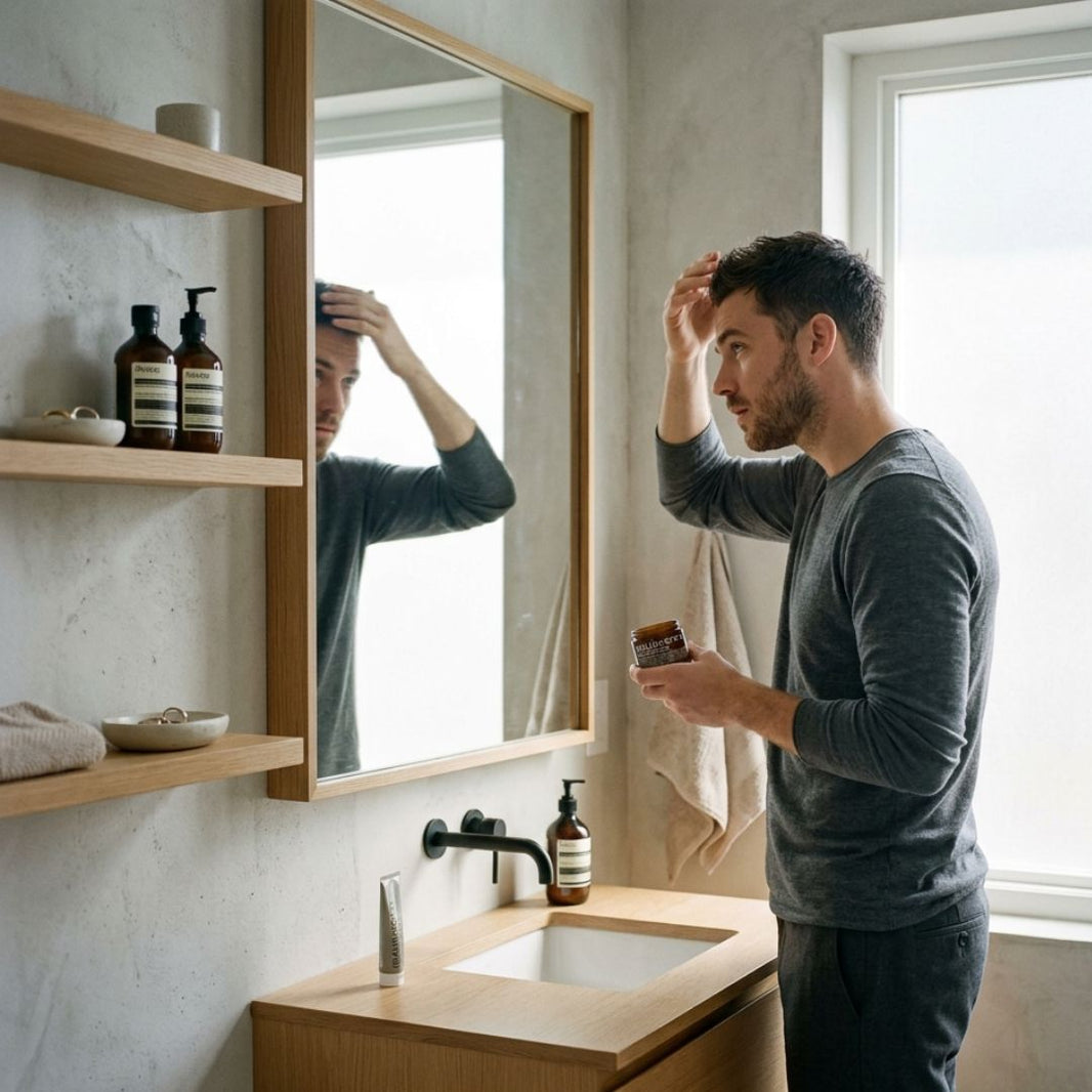 Man grooming himself in a bathroom with a mirror and shelves.