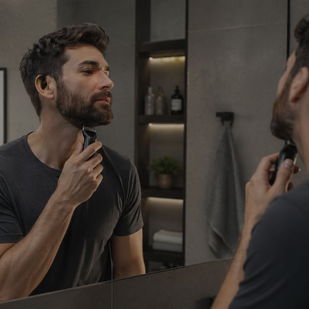 Man shaving his beard in front of a mirror in a bathroom.