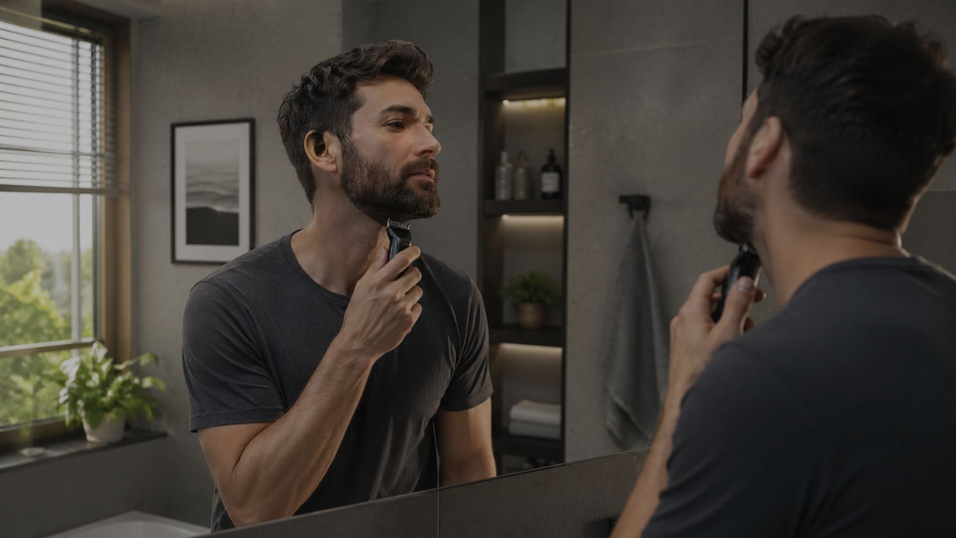 Man shaving his beard in front of a mirror in a bathroom.