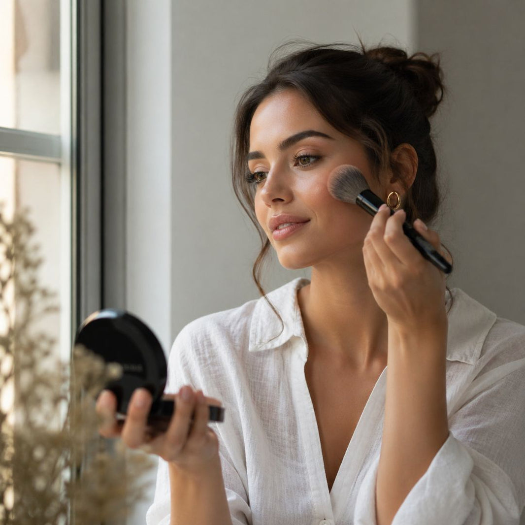 Woman applying makeup with a brush in a well-lit room.