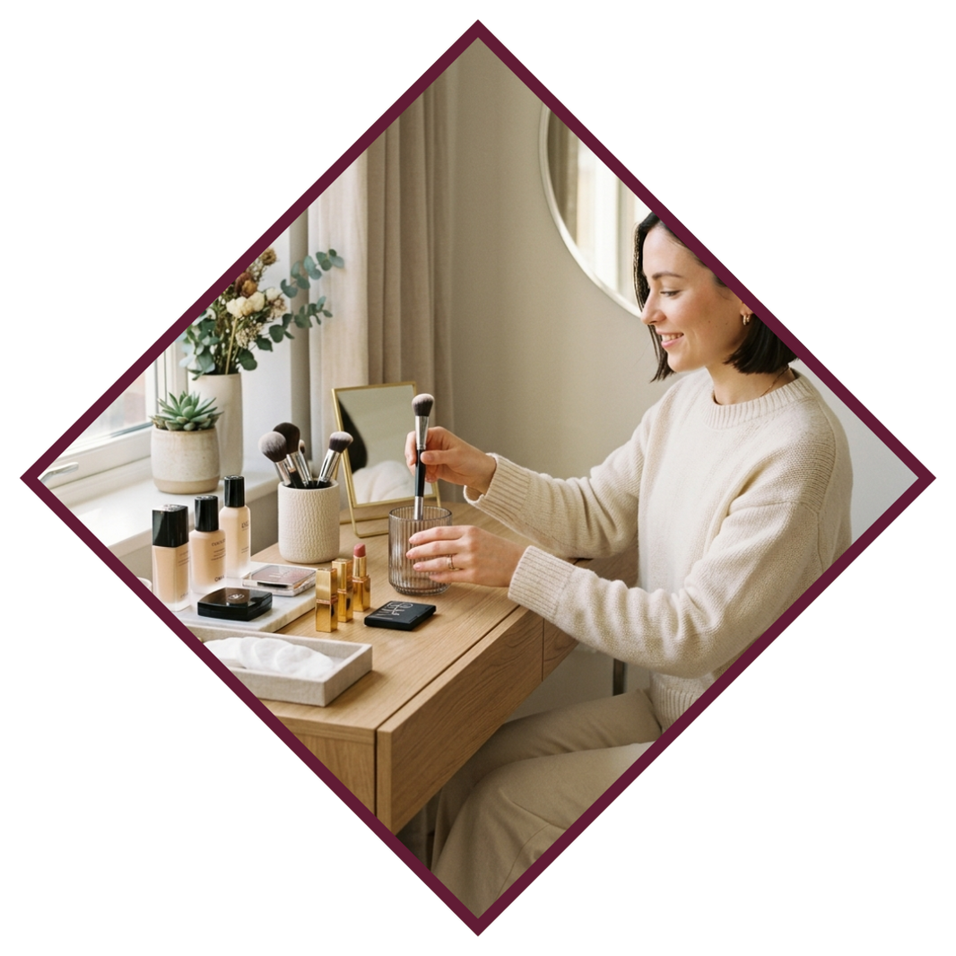 Woman applying makeup at a vanity table with various products.